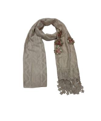 Designer Cotton Stole  With Beautiful Flower Patchs and Embroidered Fringe Lace  Beige 1