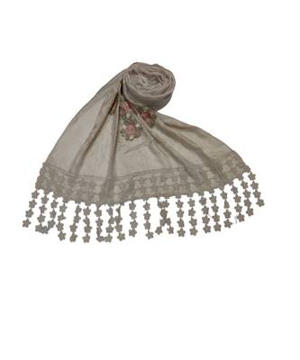 Designer Cotton Stole  With Beautiful Flower Patchs and Embroidered Fringe Lace  Beige 3