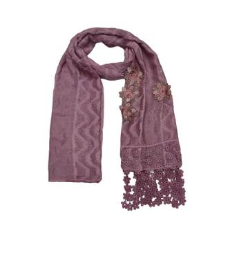 Designer Cotton Stole  With Beautiful Flower Patchs and Embroidered Fringe Lace  Purple 1