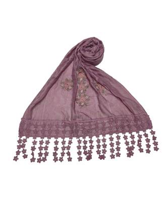Designer Cotton Stole  With Beautiful Flower Patchs and Embroidered Fringe Lace  Purple 2