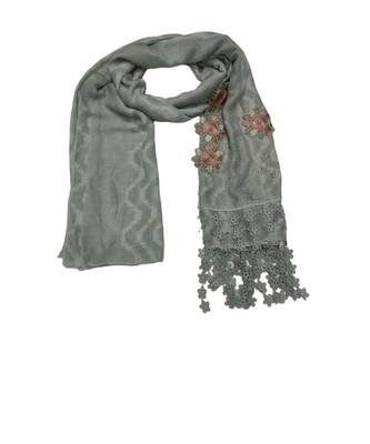 Designer Cotton Stole  With Beautiful Flower Patchs and Embroidered Fringe Lace  Greyish Green 1