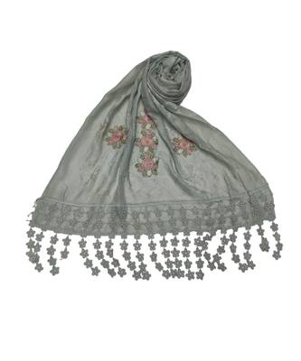 Designer Cotton Stole  With Beautiful Flower Patchs and Embroidered Fringe Lace  Greyish Green 2