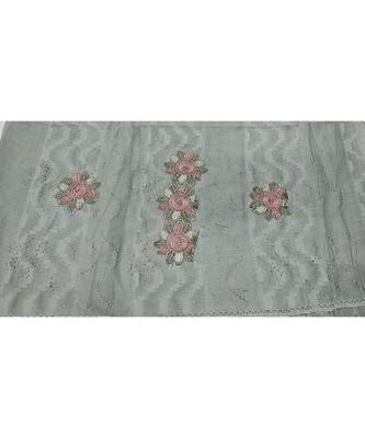Designer Cotton Stole  With Beautiful Flower Patchs and Embroidered Fringe Lace  Greyish Green 4