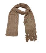 Designer Cotton Stole  With Beautiful Flower Patchs and Embroidered Fringe Lace  Light Brown