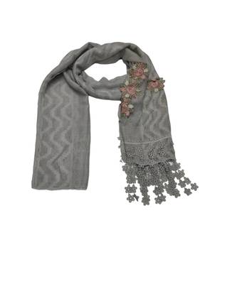 Designer Cotton Stole  With Beautiful Flower Patchs and Embroidered Fringe Lace  Light Grey 1