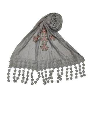 Designer Cotton Stole  With Beautiful Flower Patchs and Embroidered Fringe Lace  Light Grey 2