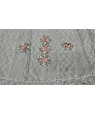 Designer Cotton Stole  With Beautiful Flower Patchs and Embroidered Fringe Lace  Light Grey 4