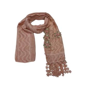 Designer Cotton Stole  With Beautiful Flower Patchs and Embroidered Fringe Lace  Light Orange 1