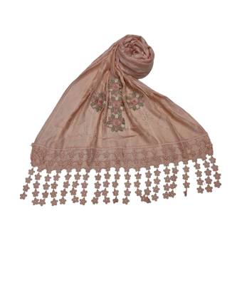 Designer Cotton Stole  With Beautiful Flower Patchs and Embroidered Fringe Lace  Light Orange 2