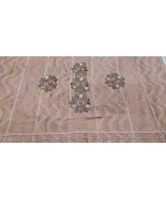 Designer Cotton Stole  With Beautiful Flower Patchs and Embroidered Fringe Lace  Light Orange 4