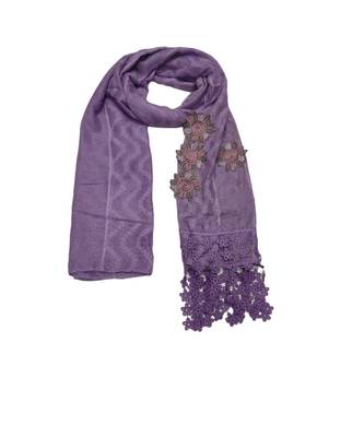 Designer Cotton Stole  With Beautiful Flower Patchs and Embroidered Fringe Lace  Light Violet 1