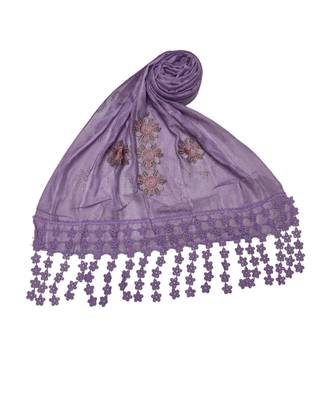 Designer Cotton Stole  With Beautiful Flower Patchs and Embroidered Fringe Lace  Light Violet 2