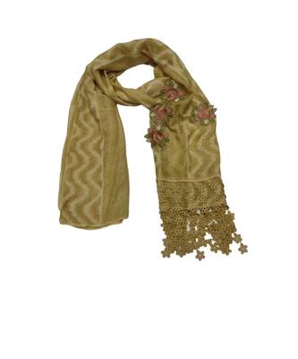 Designer Cotton Stole  With Beautiful Flower Patchs and Embroidered Fringe Lace  Yellow 1