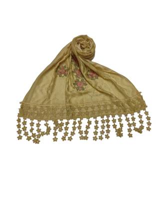Designer Cotton Stole  With Beautiful Flower Patchs and Embroidered Fringe Lace  Yellow 3