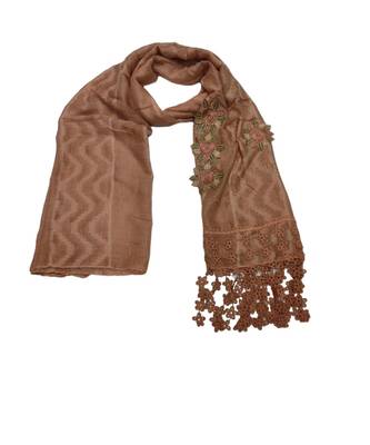 Designer Cotton Stole  With Beautiful Flower Patchs and Embroidered Fringe Lace  Dark Orange 1