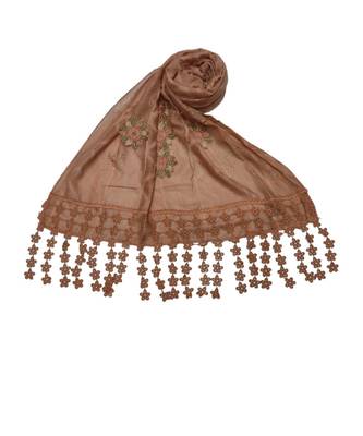 Designer Cotton Stole  With Beautiful Flower Patchs and Embroidered Fringe Lace  Dark Orange 2