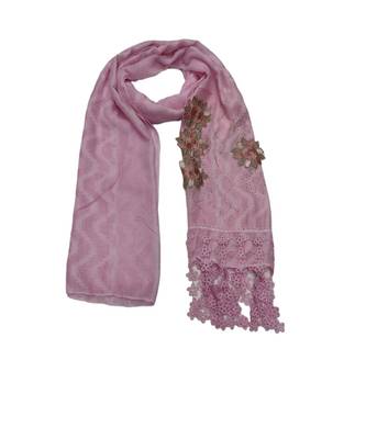Designer Cotton Stole  With Beautiful Flower Patchs and Embroidered Fringe Lace  Light Pink 1