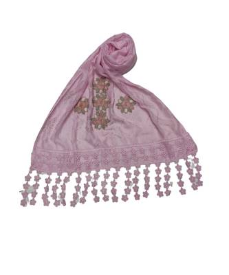 Designer Cotton Stole  With Beautiful Flower Patchs and Embroidered Fringe Lace  Light Pink 2