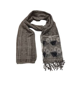 Designer Cotton Scarf With  Floral Patch work and Delicate leave shape embroidery  and Beautiful Fringes  Grey 1