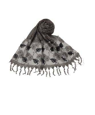 Designer Cotton Scarf With  Floral Patch work and Delicate leave shape embroidery  and Beautiful Fringes  Grey 2