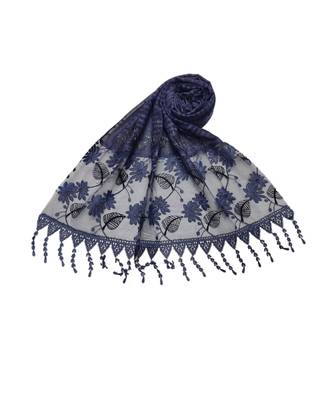 Designer Cotton Scarf With  Floral Patch work and Delicate leave shape embroidery  and Beautiful Fringes  Dark Blue 2