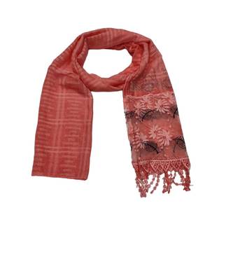 Designer Cotton Scarf With  Floral Patch work and Delicate leave shape embroidery  and Beautiful Fringes  Dark Orange 1