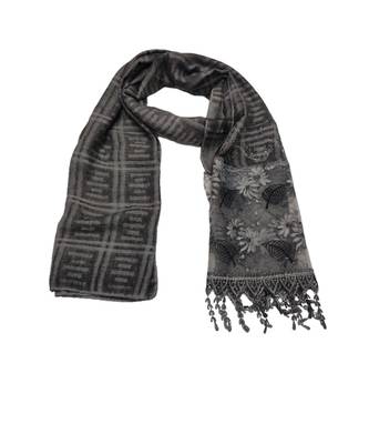 Designer Cotton Scarf With  Floral Patch work and Delicate leave shape embroidery  and Beautiful Fringes  Dark Grey 1