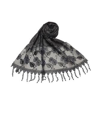 Designer Cotton Scarf With  Floral Patch work and Delicate leave shape embroidery  and Beautiful Fringes  Dark Grey 2