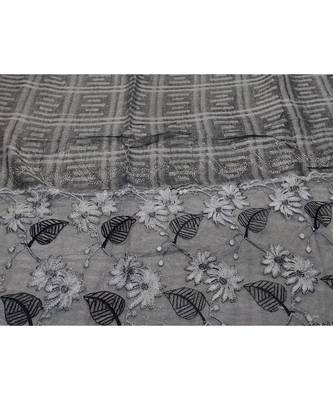 Designer Cotton Scarf With  Floral Patch work and Delicate leave shape embroidery  and Beautiful Fringes  Dark Grey 4