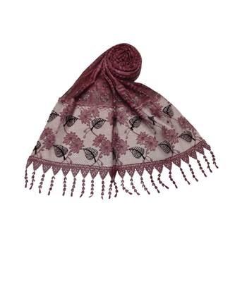 Designer Cotton Scarf With  Floral Patch work and Delicate leave shape embroidery  and Beautiful Fringes  Maroon 3