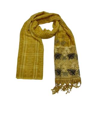 Designer Cotton Scarf With  Floral Patch work and Delicate leave shape embroidery  and Beautiful Fringes  Yellow 1