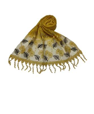Designer Cotton Scarf With  Floral Patch work and Delicate leave shape embroidery  and Beautiful Fringes  Yellow 2