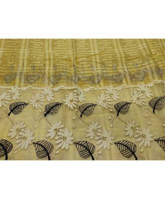 Designer Cotton Scarf With  Floral Patch work and Delicate leave shape embroidery  and Beautiful Fringes  Yellow 4