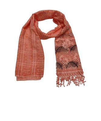 Designer Cotton Scarf With  Floral Patch work and Delicate leave shape embroidery  and Beautiful Fringes  Peach 1