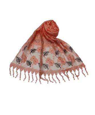 Designer Cotton Scarf With  Floral Patch work and Delicate leave shape embroidery  and Beautiful Fringes  Peach 2