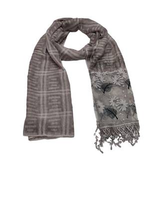 Designer Cotton Scarf With  Floral Patch work and Delicate leave shape embroidery  and Beautiful Fringes  Purplish Grey 1