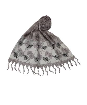Designer Cotton Scarf With  Floral Patch work and Delicate leave shape embroidery  and Beautiful Fringes  Purplish Grey 3