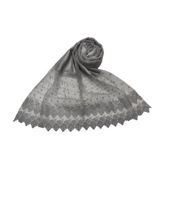 Specially Carfted Cotton and Net Hijabs/ stole  With Tiny Diamonds and Intricate Machine Embroidery  Light Grey 2