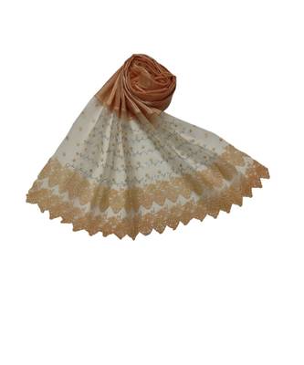 Specially Carfted Cotton and Net Hijabs/ stole  With Tiny Diamonds and Intricate Machine Embroidery  Light Orange 2