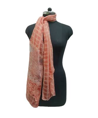 Specially Designed Cotton Stole  With Delicate Thread Embroidery on Net fabric and studded with elegant diamonds  Orange 1
