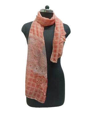 Specially Designed Cotton Stole  With Delicate Thread Embroidery on Net fabric and studded with elegant diamonds  Orange 2