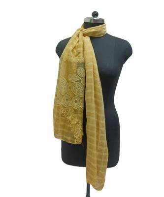 Specially Designed Cotton Stole  With Delicate Thread Embroidery on Net fabric and studded with elegant diamonds  Yellow 1