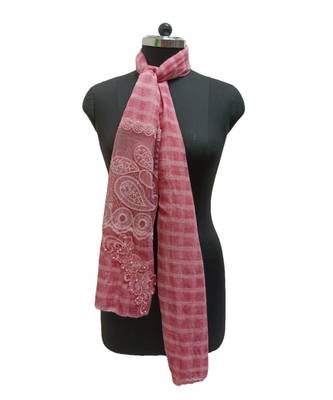 Specially Designed Cotton Stole  With Delicate Thread Embroidery on Net fabric and studded with elegant diamonds  Pink 1