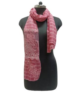 Specially Designed Cotton Stole  With Delicate Thread Embroidery on Net fabric and studded with elegant diamonds  Pink 2