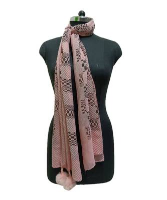 Unique Crinkle Cotton Hijab/ Stole  With Stunning Checkered Box Black Print and Cute Pompoms  Light Pink 1