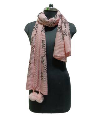 Unique Crinkle Cotton Hijab/ Stole  With Stunning Checkered Box Black Print and Cute Pompoms  Light Pink 3