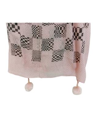 Unique Crinkle Cotton Hijab/ Stole  With Stunning Checkered Box Black Print and Cute Pompoms  Light Pink 4