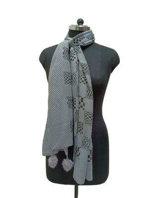 Unique Crinkle Cotton Hijab/ Stole  With Stunning Checkered Box Black Print and Cute Pompoms  Grey 1