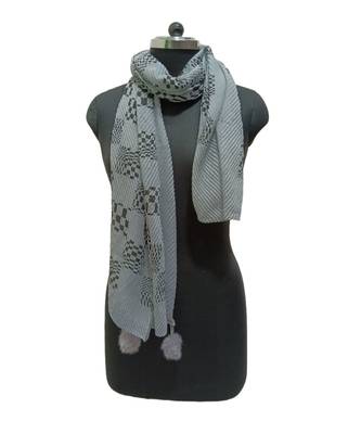Unique Crinkle Cotton Hijab/ Stole  With Stunning Checkered Box Black Print and Cute Pompoms  Grey 2
