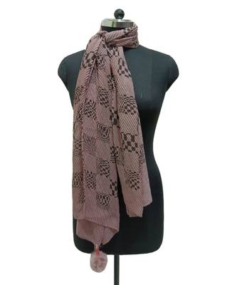 Unique Crinkle Cotton Hijab/ Stole  With Stunning Checkered Box Black Print and Cute Pompoms  Light Purple 1